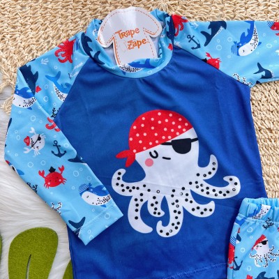 Linha Praia - Camiseta com Proteção UV50+ e Sunga - Polvo Pirata - Azul Claro e Marinho